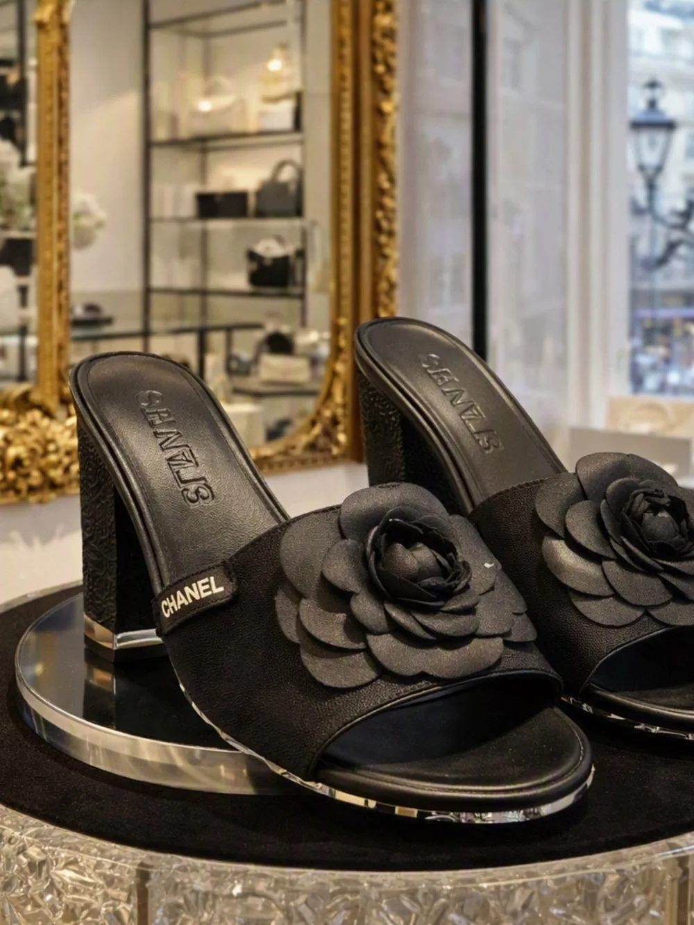 CHANEL Black Camellia Block Heel Mules